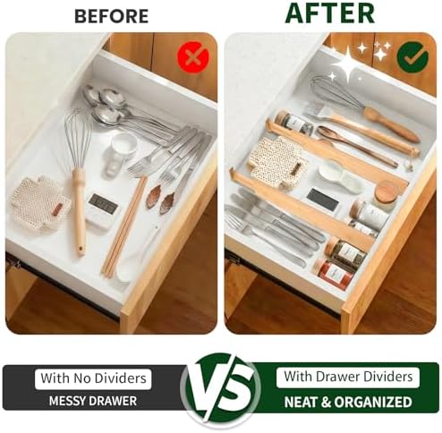 CMOOD 6 PCS Bamboo Drawer Dividers, Kitchen Drawer Dividers, 17"-22" Expandable Adjustable Bamboo Drawer Dividers Organi