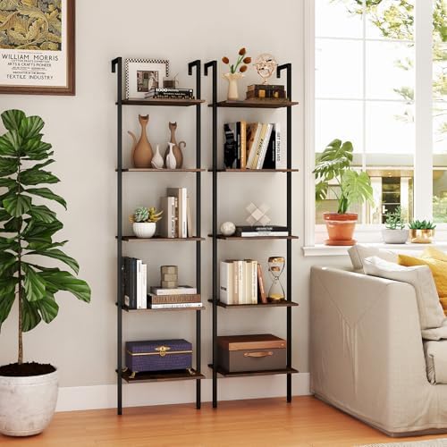 GIANTEX 5 Tier Ladder Shelf, Wall Mount Bookshelf with Anti-Tipping Kits & Metal Frame, Industrial Decorative Bookcase, 