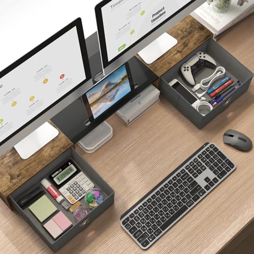 WESTREE Dual Monitor Stand Riser with Two Drawers, Extra Large Storage Monitor Stand for 2 Monitors, Desktop Organizer S