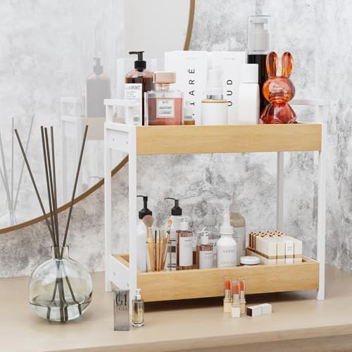 KLM Countertop Coffee Station Organizer, 2 Tier Wooden Shelf for Coffee Bar Accessories, Condiment Storage Caddy for Kit