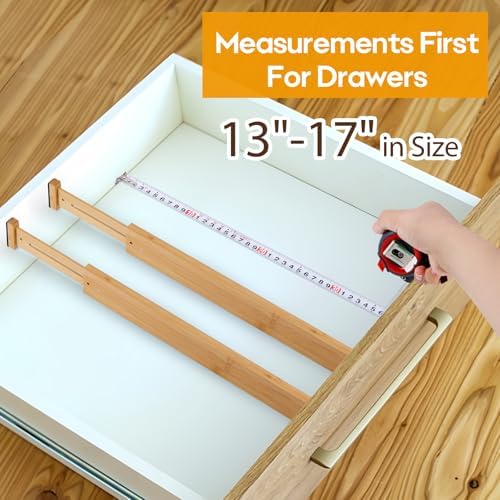 Bamboo Drawer Dividers Organizers, Kitchen Drawer Dividers for Clothes, Adjustable Drawers Separators for Dresser, Bedroom, Bathroom, Office, 4 Pack, 13“-17”