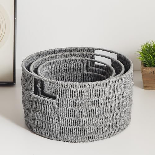 Vagusicc Wicker Storage Basket, Hand-Woven Paper Rope Large Round Woven Basket With Handles, Wicker Baskets for Organizing/Storage, Grey, 3-Pack