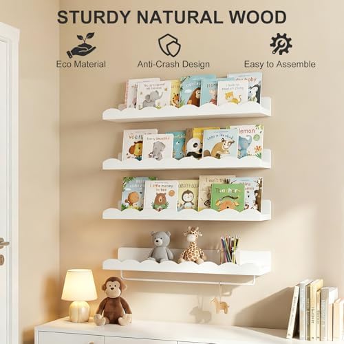 Fixwal Nursery Shelves, 24 Inch Floating Bookshelves for Wall Set of 4, Scalloped Wall Book Shelves with Towel Rack for 