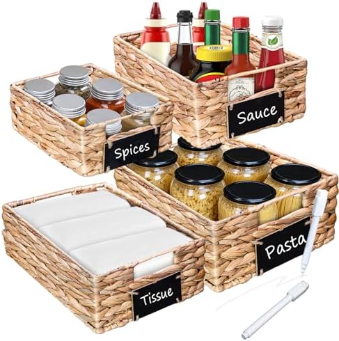 Set of 4 Sizes Hand-Woven Pantry Shelf Baskets, Hyacinth Storage Baskets with Chalkboard Labels & 2 Chalk Markers, Wicke
