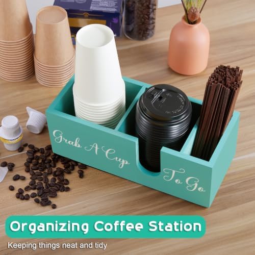 ALELION Turquoise Coffee Cup Organizer for Disposable Cups, Lids and Stir Sticks - 3-Compartment Countertop Cup Holder S