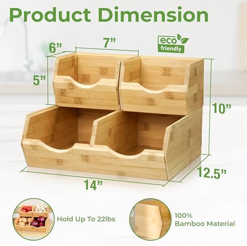 HOMESTEAD Bamboo Pantry Storage Bins – Stackable Potato & Onion Storage Bin for Kitchen Countertop, Pantry Organizer, Fr