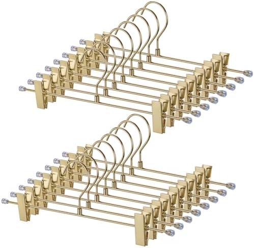 16 Pack Pants Hangers with Clips, 12.2 Inch Slim Metal Clothes Hangers with 360° Swivel Hooks, Heavy Duty Space Saving Closet Hangers for Jeans, Slacks, Shorts, Skirt (Gold)