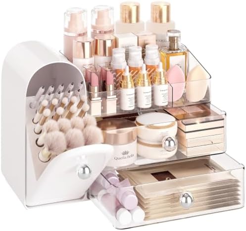 Delamu Large Makeup Organizer for Vanity, Closed Makeup Brush Holder, White