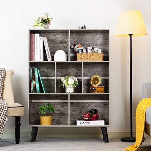 LEYAOYAO Cube Bookshelf, Mid-Century Modern Book Shelf with Legs,Dirty Grey