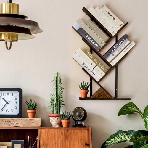 5 Tier Tree Bookshelf Floating Book Shelves for Wall Mount, Wooden Hanging Shelves Storage for Displaying Books/CDs/Maga