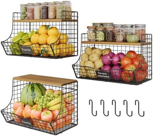 3 Pack Extra Large Fruit Basket for Kitchen with Wood Lid Nameplate - Counter&Wall Mounted Onion and Potato Storage Bin,