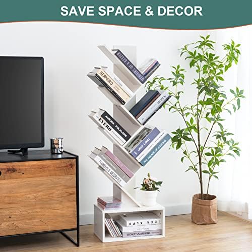 Yoobure Tree Bookshelf, 6 Tier Small Book Shelf Retro Floor Standing Bookcase, Wood Book Storage Organizer Rack, Tall Na