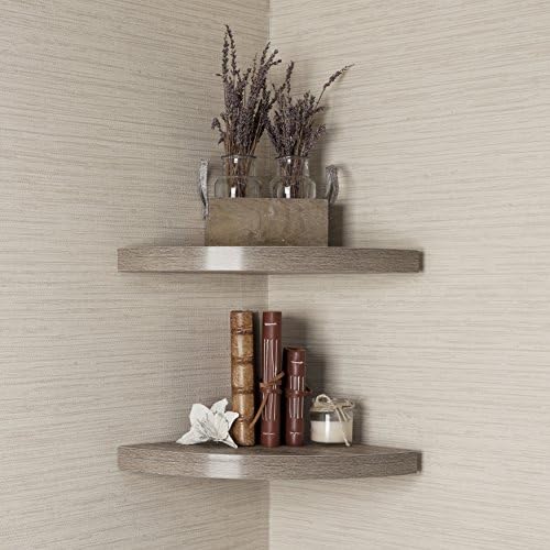Danya B. Small Floating Wall Mount Laminate Wood Corner Wall Radial Shelves (Set of 2) (Weathered Oak)