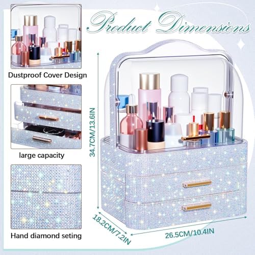 Honeydak Rhinestone Makeup Organizer with 2 Drawers Lid, Silver, Rhinestone