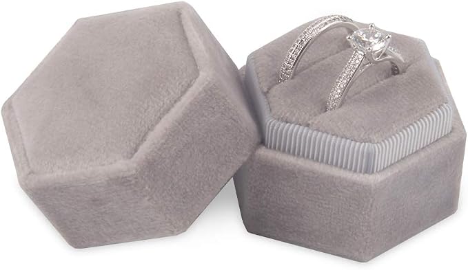 DesignSter Velvet Ring Box Hexagon - Premium Gorgeous Vintage Double Ring Display Holder with Detachable Lid for Proposal, Engagement, Wedding, Ceremony (Gray)