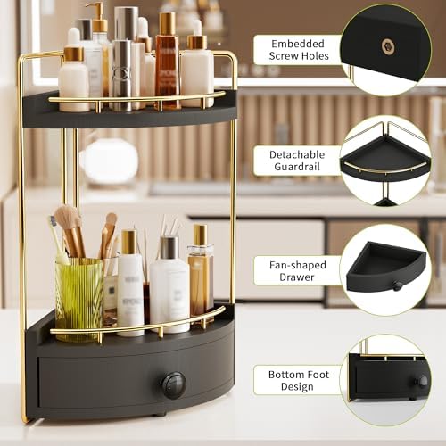 2-Tier Corner Bathroom Counter Organizer with Drawer, Black Gold