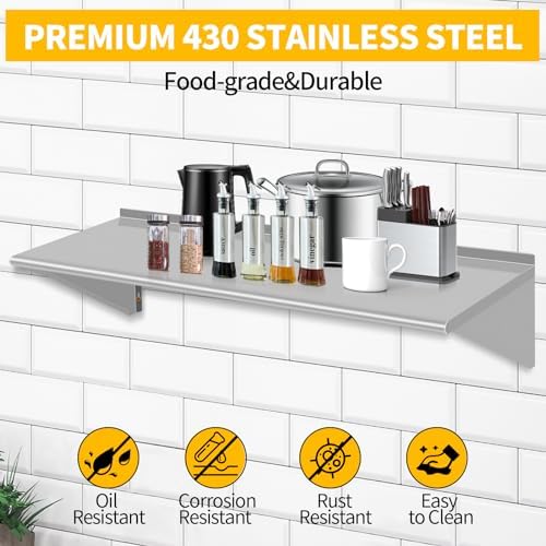 12" D x 36" W Stainless Steel Wall Mounted Shelves, Floating Shelving with Brackets, Commercial Shelf Perfect for Restau
