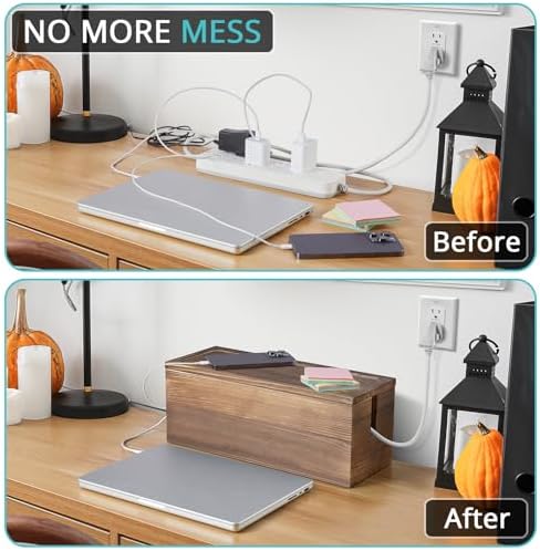Large Cable Management Box, Burnt Wood Cord Organizer Box for Desk, Floor, Office to Hide Extension Cords Power Stripes 