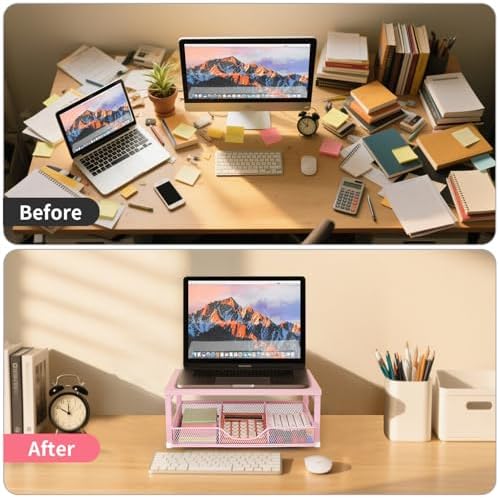 Small Pink Laptop Stand for Desk, Monitor Stand, Office Desk Accessories, Computer Desktop Stand with Drawer for Home, O