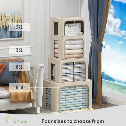 CYhom 3Pack Foldable Storage Bins - Frame Storage Box Linen Fabric Stackable Clothes Container Organizer with Clear Wind