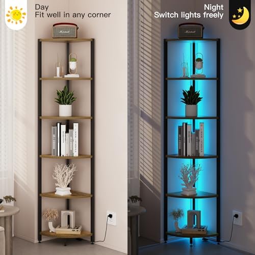 6-Tier Corner Shelf with LED Lights - 65" Tall Narrow Bookshelf, Standing Shelf with Storage Rack, Sturdy Metal Frame & 