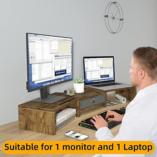 WESTREE Dual Monitor Stand Riser with Drawer, Monitor Stand Riser for 2 Monitors, Adjustable Length and Angle, 2 Solts f