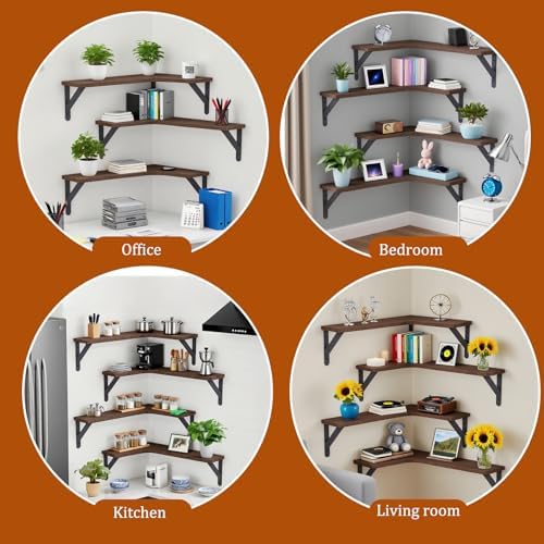 5 Pack Floating Shelves, Rustic Wood, Dark Brown