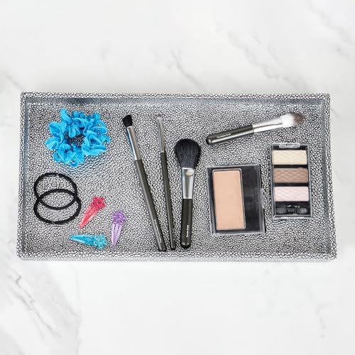 Home Basics Plastic Vanity Tray for Jewelry, Make up, Perfume, Cosmetics, Bathroom or Dresser Organizer, (Silver Texture