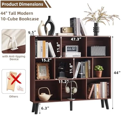 LEYAOYAO 10 Cube Bookshelf, Mid-Century Modern Book Shelf with Legs, Walnut