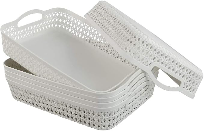 White Plastic Storage Basket Tray, Pack for 6 (Large)