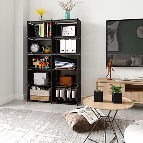 JIUYOTREE 6-Tiers Portable Bookshelf with Fabric Cloth at Back, 10 Cube Closet Storage Organizer Bookcase, Living Room,S