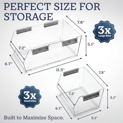 HOMESTEAD Set of 6 Stackable Storage Bins, 3 Large + 3 Small Clear Plastic Organizer Bins, Open Front Design for Kitchen