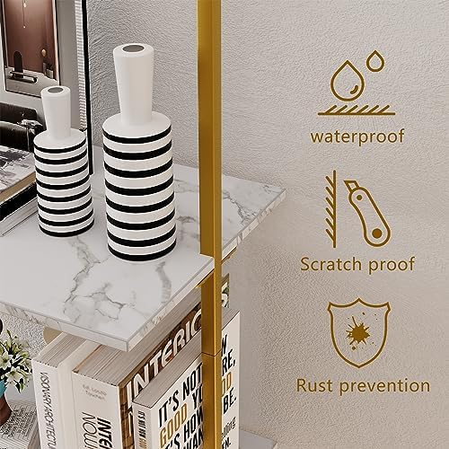 Wolawu Ladder Shelf 4 Tiers Metal Industrial Bookshelf,White Marble Wood Tall Open Storage Rack and Display Shelves,Wall