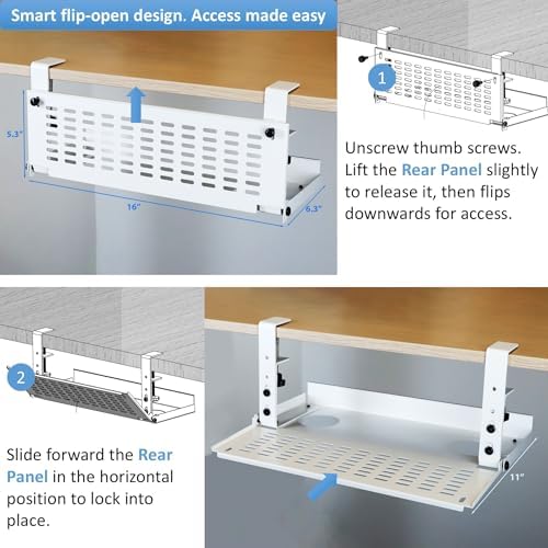 AEONS Universal Under Desk Cable Management Tray-Clamp Mount Hinged Swing Modesty Panel Organizer for Office Desks Easy 