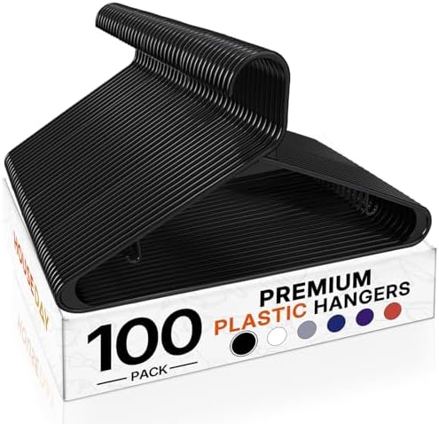 HOUSE DAY Black Plastic Hangers 100 Pack, Slim Space-Saving Clothes Hangers
