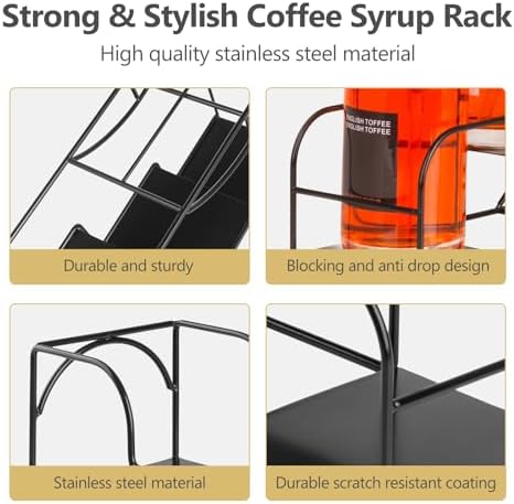 Syrup Rack for Coffee Bar Accessories, Iron 4 Compartment Bottle Organizer, Countertop Display Storage Shelf Bottle Stan