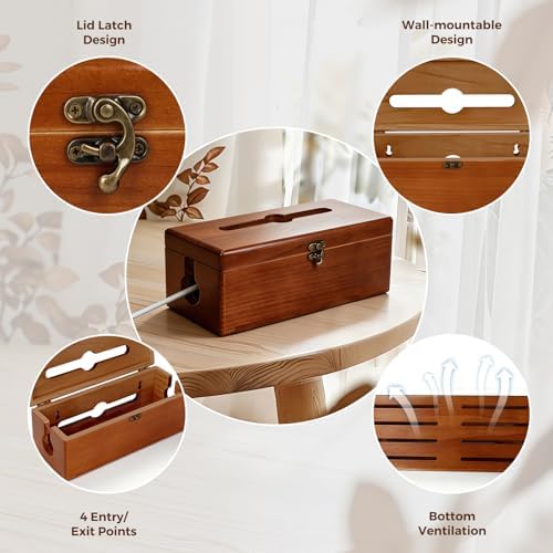 Large Cable Management Box with Clasp, Soild Wood Cord Box with 4 Open Slots, Cable Box to Hide Cords and Power Strip