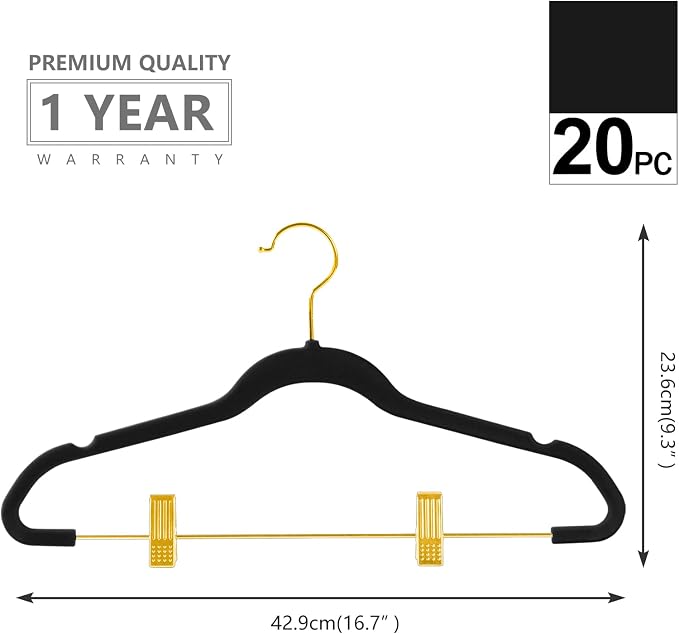 MIZGI Premium Velvet Pants Hangers with Adjustable Clips (Pack of 20) Slim Skirt Hangers- Non Slip Felt Outfit Dress Hangers Black - Gold Hooks,Space Saving Shirt Clothes Hangers