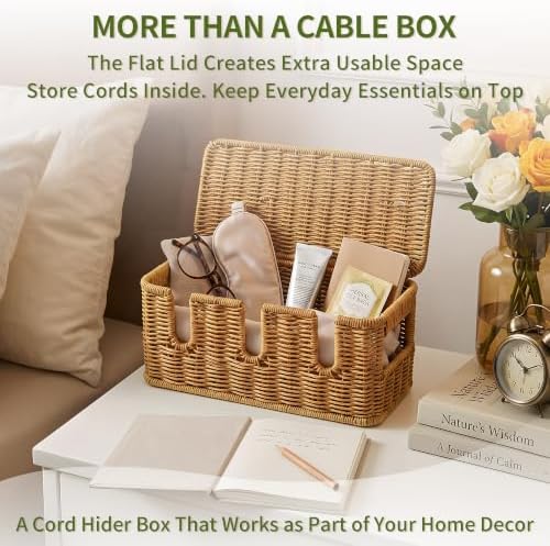 Cable Management Box, Rattan Cord Organizer for Desk & Power Strip