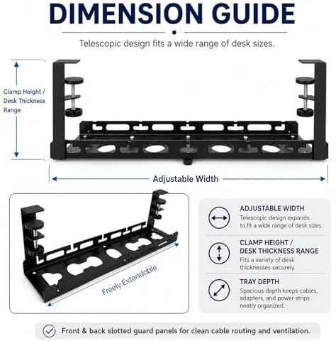 No Drill Under Desk Cable Management Tray, Adjustable 17.6"-27.4" Clamp-On Metal Cable Tray for Power Strip, Under Desk 