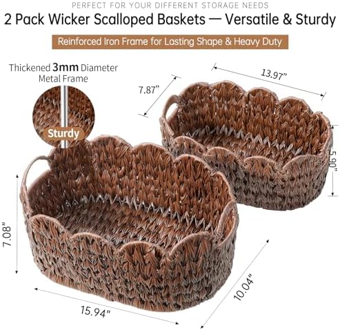 Coeusy Wicker Scalloped Basket Set of 2,Woven Storage Baskets for Shelves,Closet,Laundry,Gift,Towels,Books,Toys,Waterproof Cute Decor Basket for Organizing,Brown