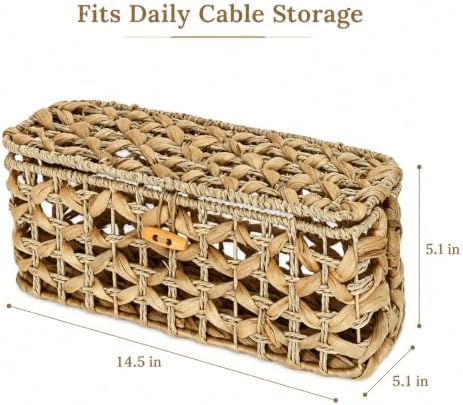 Handwoven Cable Management Box with Lid, Decorative Cord Organizer Basket for Power Strip, Charger, Router and USB Hub, 