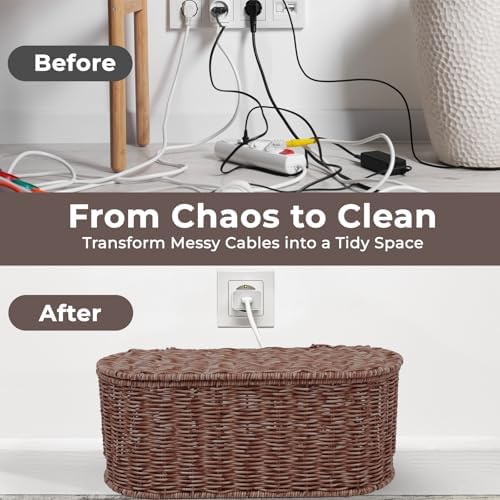 Cable Management Box, Handmade Rattan Cord Organizer for Power Strip
