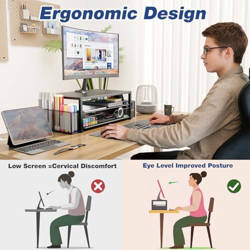 OPNICE Desk Organizer and Accessories, 2-Tier Computer Monitor Stand Riser with Drawer and 2 Pen Holders, Laptop Stand, 