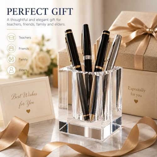 Coideal Glass Crystal Pen Pencil Cup Holder, Square Clear Small Desk Table Organizer Gift for Office School, Teacher and Student