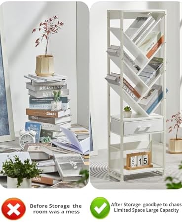 Bookshelf with Drawer,10 Tier Tree Bookcase Retro Floor Standing Bookshelves,Tall Wood Bookcases with Cabinet Storage Or