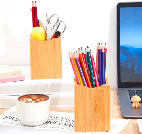 Henoyso 2 Pcs Bamboo Wood Pen Holder Wavy, Square Desktop Organizer