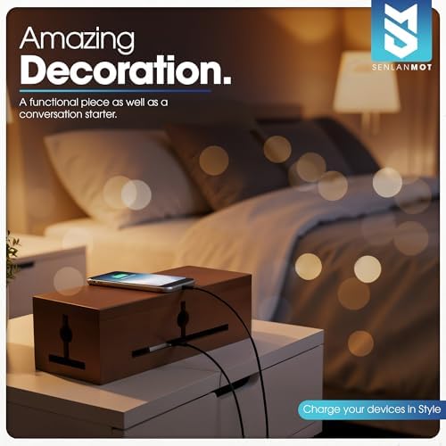 Wooden Cable Management Box – Modern Wire Organizer Box & Power Strip Cover for Home or Office | Large Cable Hider for W