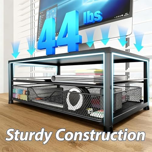 OPNICE Desk Organizer and Accessories, 2-Tier Computer Monitor Stand Riser with Drawer and 2 Pen Holders, Laptop Stand, 