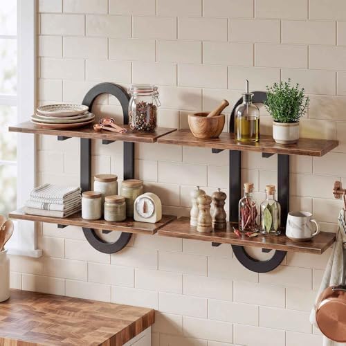 Arched Floating Shelves Set of 2, 15" Vintage Distressed Wall Mounted Shelves with Capsule Frame, Rustic Burnt Wood Hang
